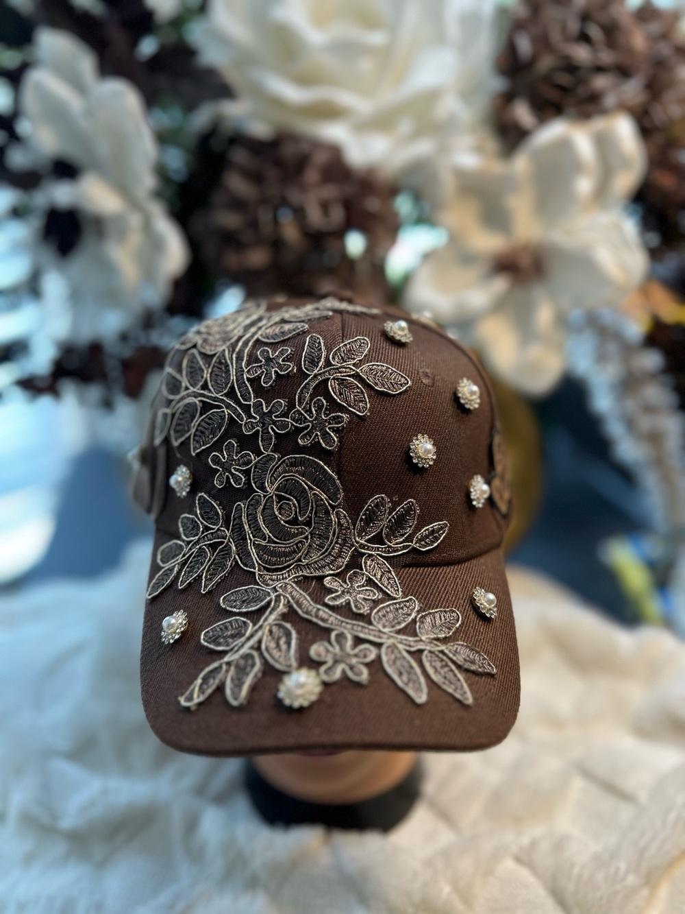 Designers Originals Brown Floral Appliqué Cap with Pearled Accents